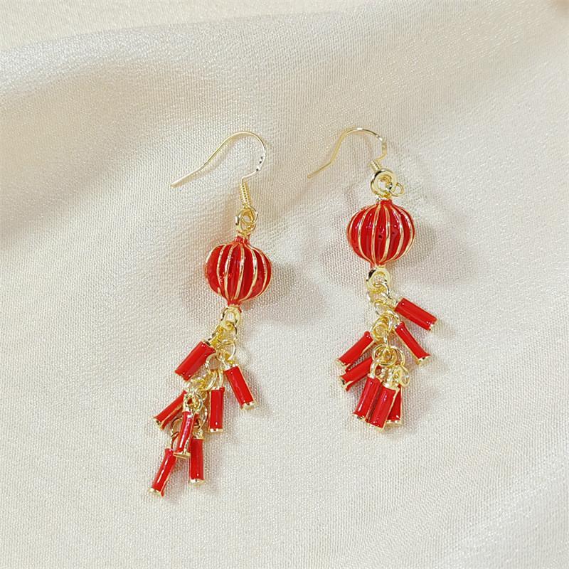 Chinese Festival Red Lantern Dangle Earrings With Electroplated Finish For Womens Accessories