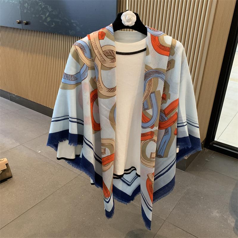 Blue Retro 130 Square Scarf Summer Air-Conditioned Room Shawl Sunscreen Silk Scarf Spring And Autumn Linen Scarf