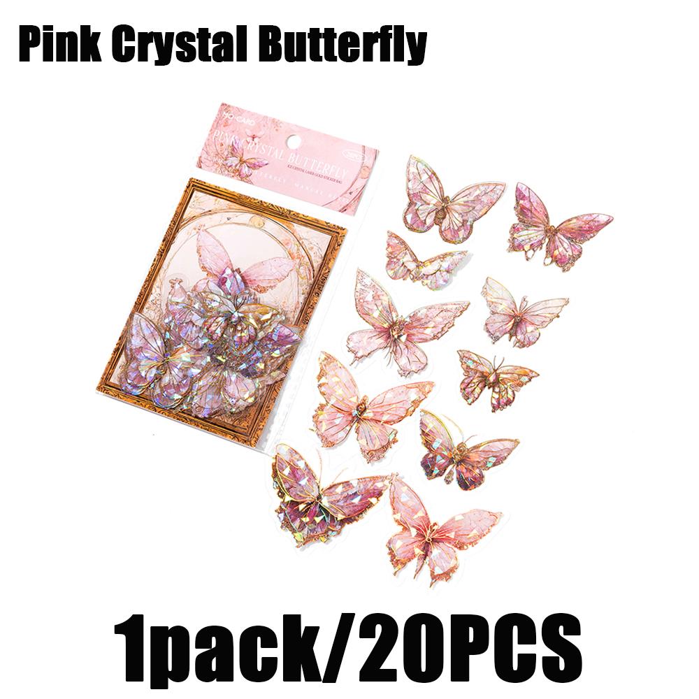1pack/20pcs Ins Butterfly Pet Sticker Pack Ice Crystal Laser Gold Diy Handbook Scrapbooking Label Diary Transparent Decoration