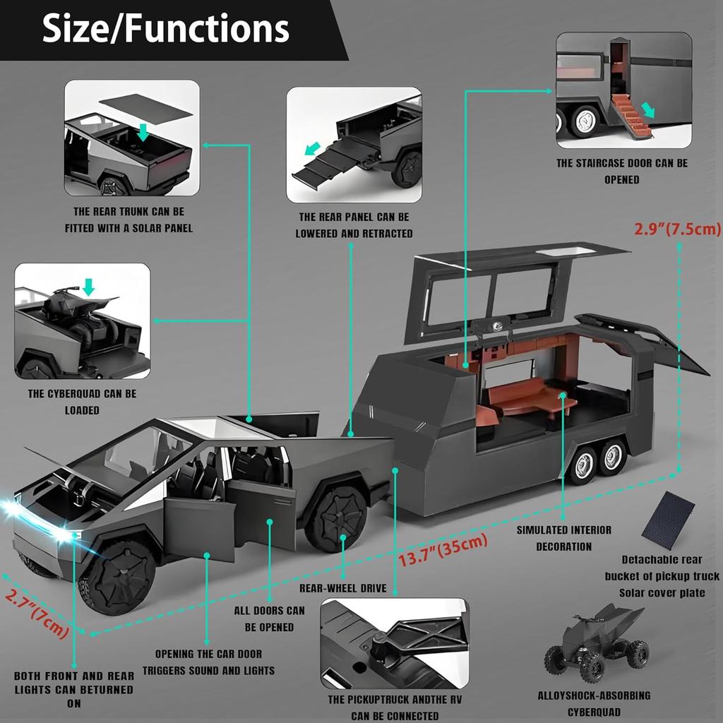 1/32 Pickup Trailer RV Model Kit, Car Model Diecast Metal Toy,Truck Model Simulation Sound Light,Toy Trucks with RV Motor,Best Gift for Kids or Model