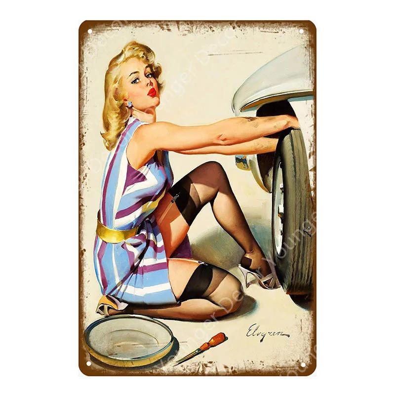 Vintage Retro Sexy Dame Pin Up Girl Malerei Blechschilder Metall Poster Wandaufkleber Bar Kaffeehaus Club Heimdekoration YI-076