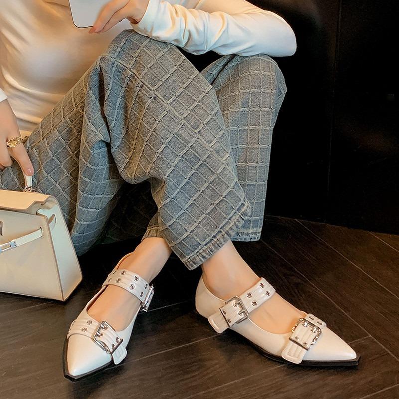 Fashion Comemore Retro Belt Buckle Pointed Pumps Chunky Low Heeled Riveted Shoes Hollowed Out Solid Women's Baotou Thick Heel Sandals