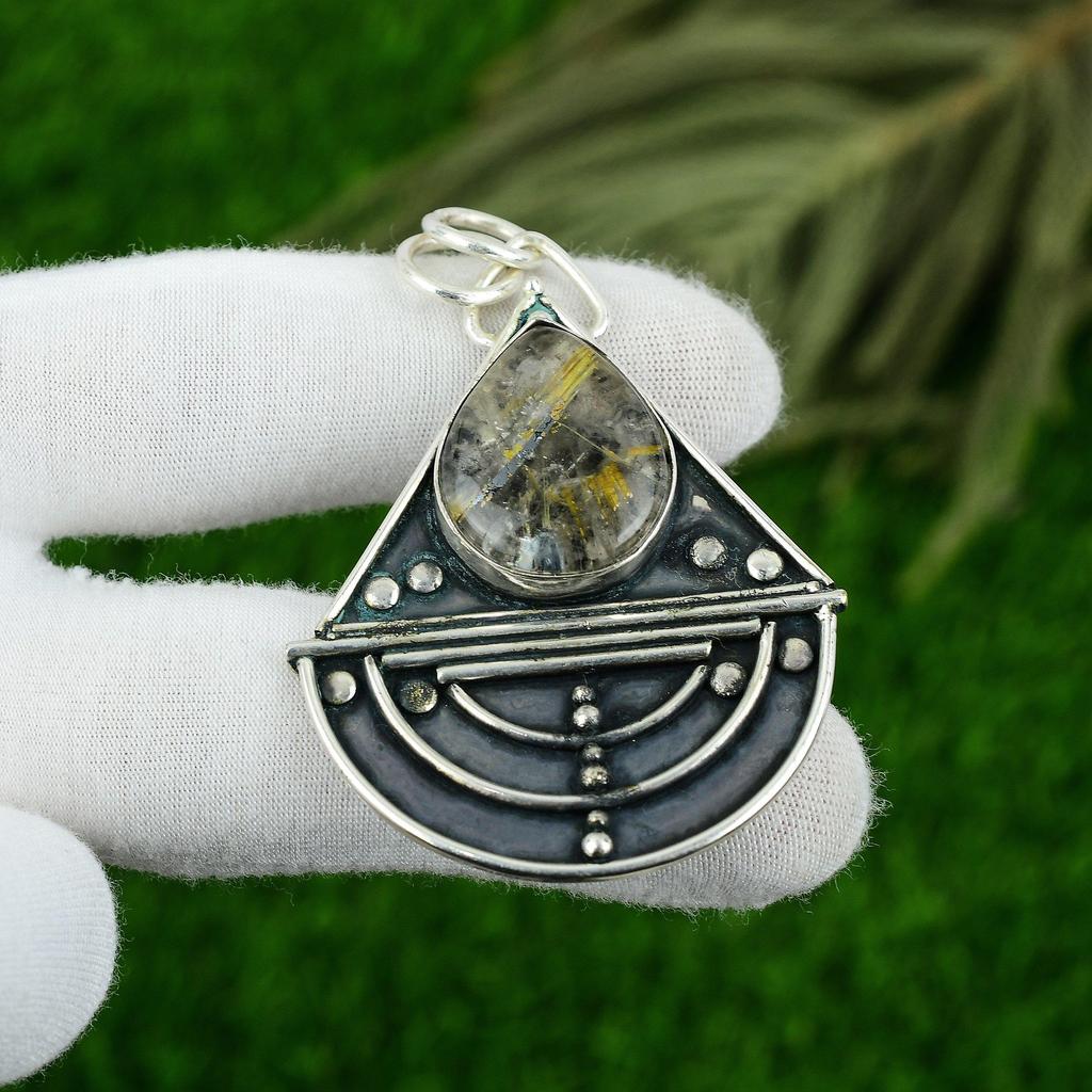 Gift For Her 925 Sterling Silver Natural Golden Rutile Gemstone Jewelry Pendant