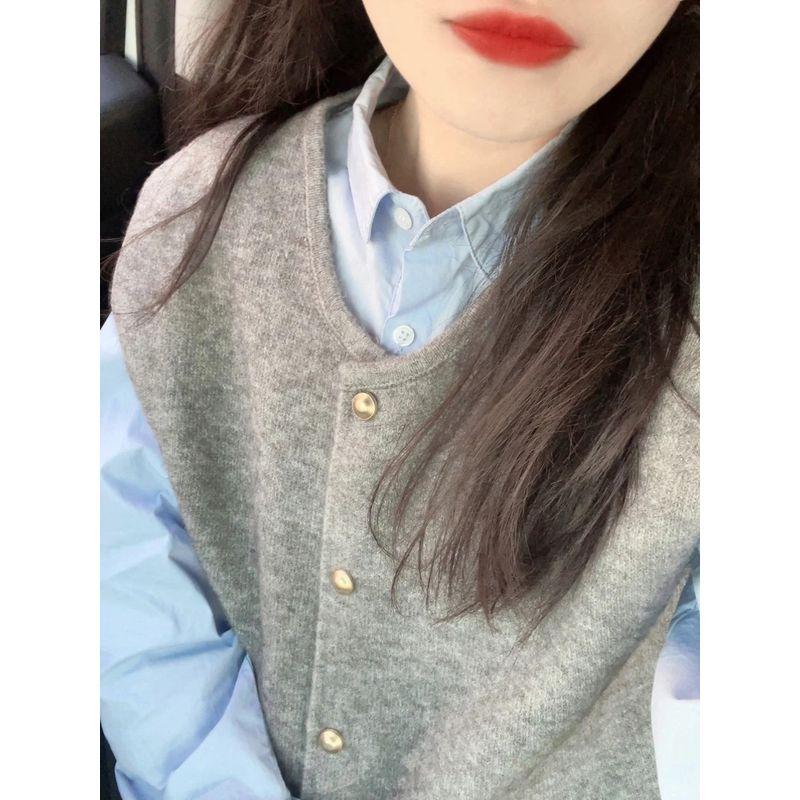

Spring round Neck Loose Gentle Autumn and Winter Sweater Small Golden Button Blue shirt 2XL [Suggested 65.00 kg-75.00 kg]]