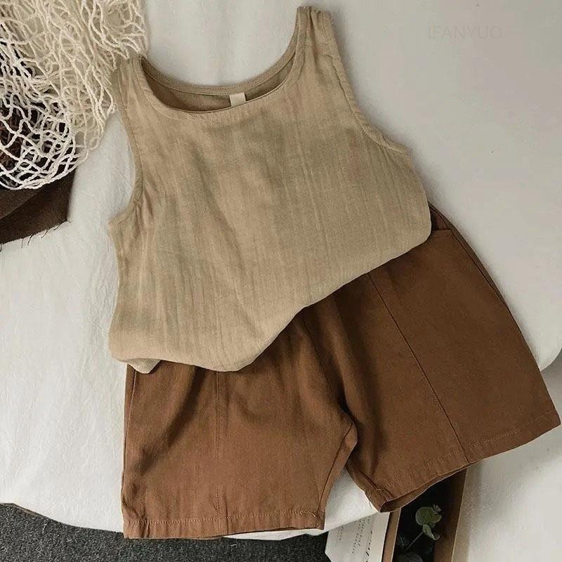 Letní dětská tílka pro miminka chlapce i dívky Vintage ležérní vesta pro batolata Jednobarevné lněné dětské oblečení