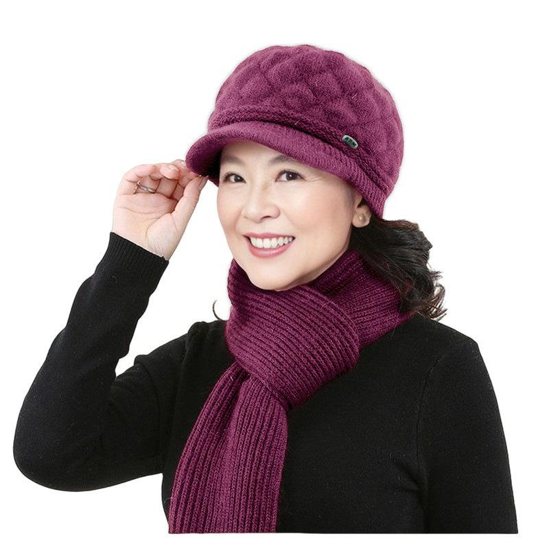 Elegant Winter Woolen Hat & Scarf Set for Women: Warm, Thick Knit with Ear Protection, Perfect for Middle-Aged & Elderly Ladies.