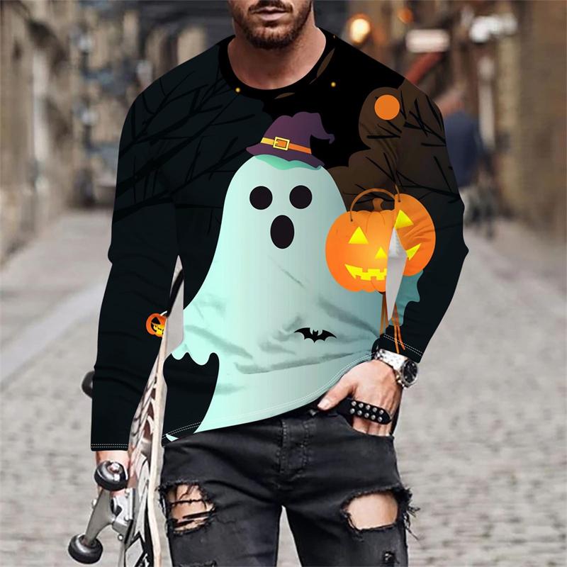 Autumn Round Neck Halloween Ghost and Pumpkin Pattern 3D Printed Top Fashionable Casual Long Sleeved Men's T-shirts