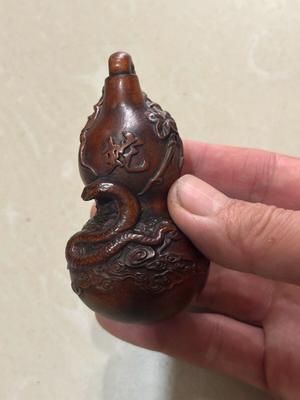 Chinese Boxwood Hand Carved Viper Small Dragon Statue Gourd Figurines Home Decor