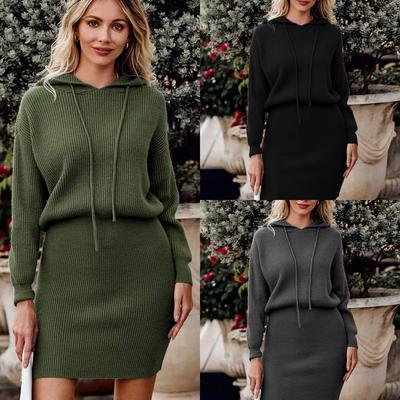Casual Dress 2024 Autumn and Winter New Solid-colour Mid-length Hooded Pullover Waisted Knitted Hip Dresses