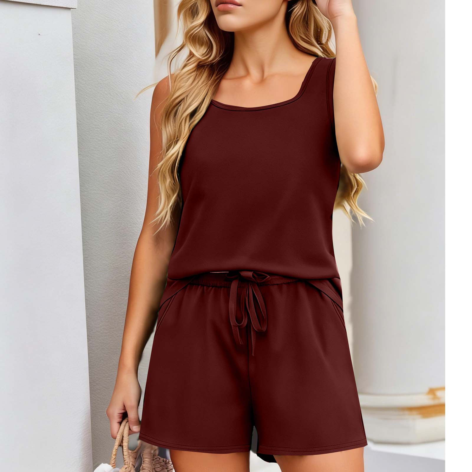 

Women’s Sleeveless Tank Top and Shorts Set Casual Relaxed Fit Two Piece Outfit with Drawstring Waist Pockets S винный