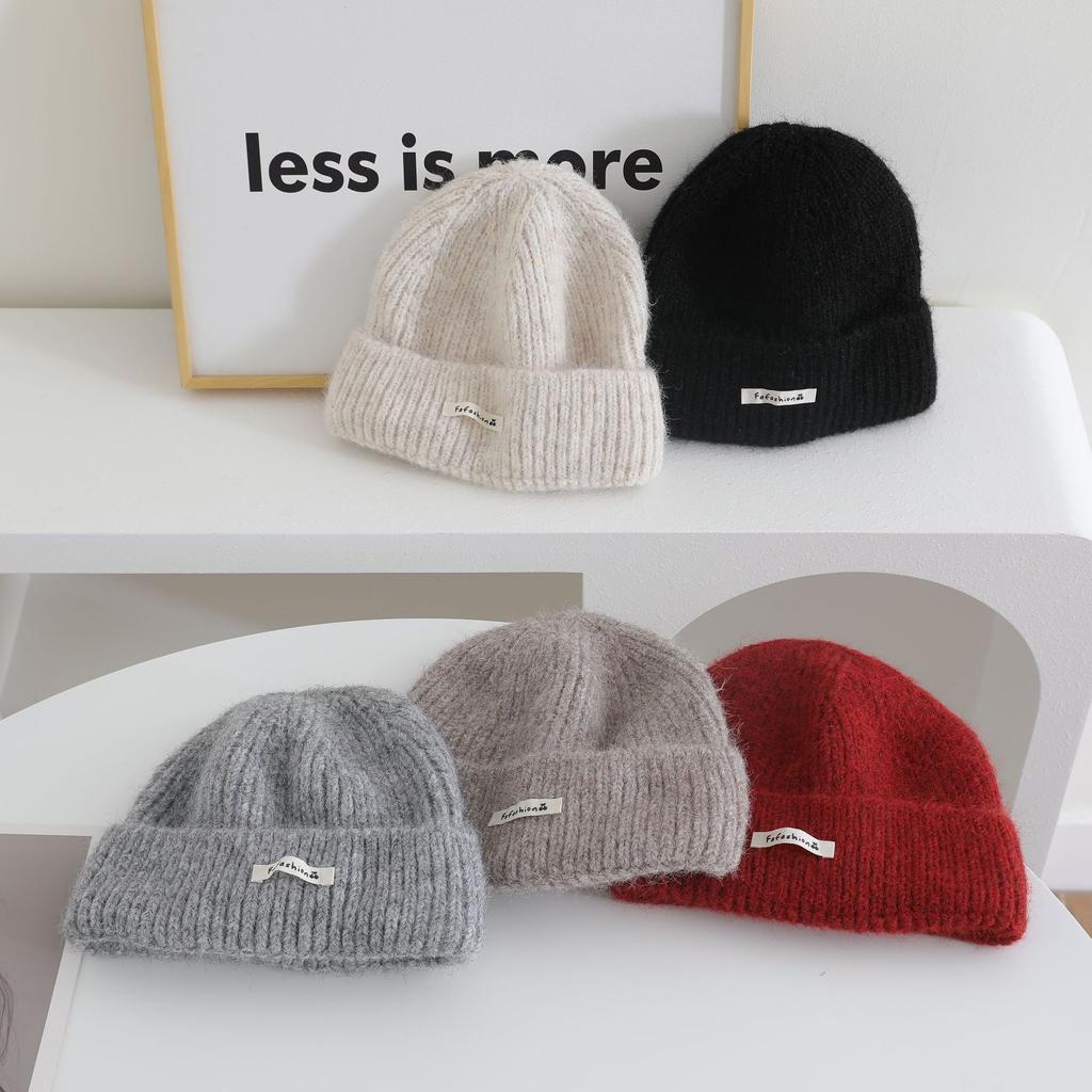 Japanese Simple Letter Pattern Labeling Knitted Hat for Women In Autumn and Winter New Warm and Thickened Cold Hat Showing A Small Face