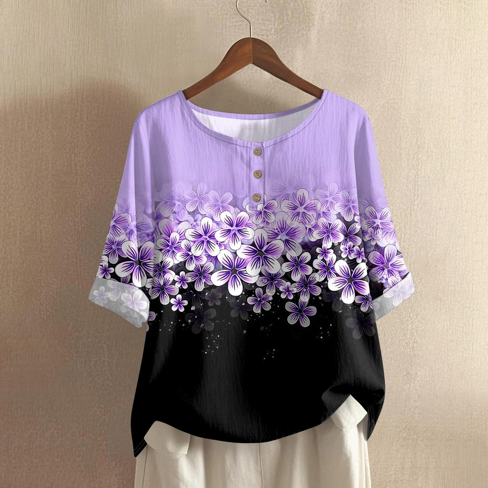 

Женская модная и повседневная рубашка с полурукавом, круглым вырезом, принтом, из хлопка и льна, блузка-топ L фиолетовый