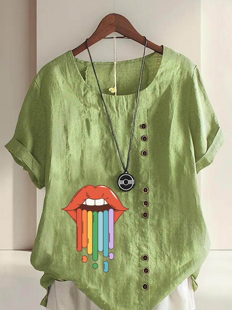 

Women s Fashion Lips Rainbow Printing Round Neck Short Sleeve T-shirt Casual Cotton Linen Graphic Shirt Leisure Loose Summer Blouse Tops 5XL зелений