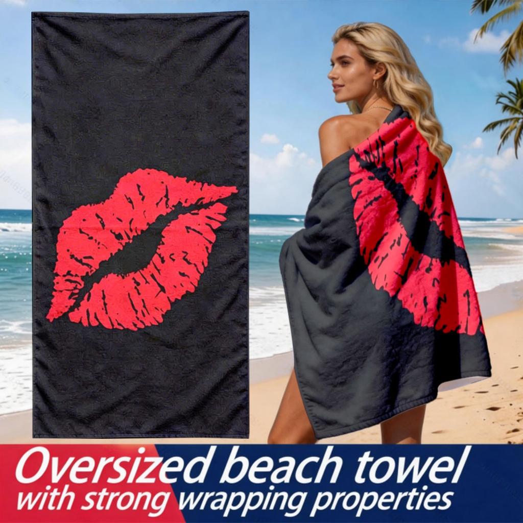 Rote Lippen auf schwarzem Hintergrund Thema Polyester Mikrofaser Strandtuch ist hoch saugfähig, geeignet für Schwimmen und Strandausflüge