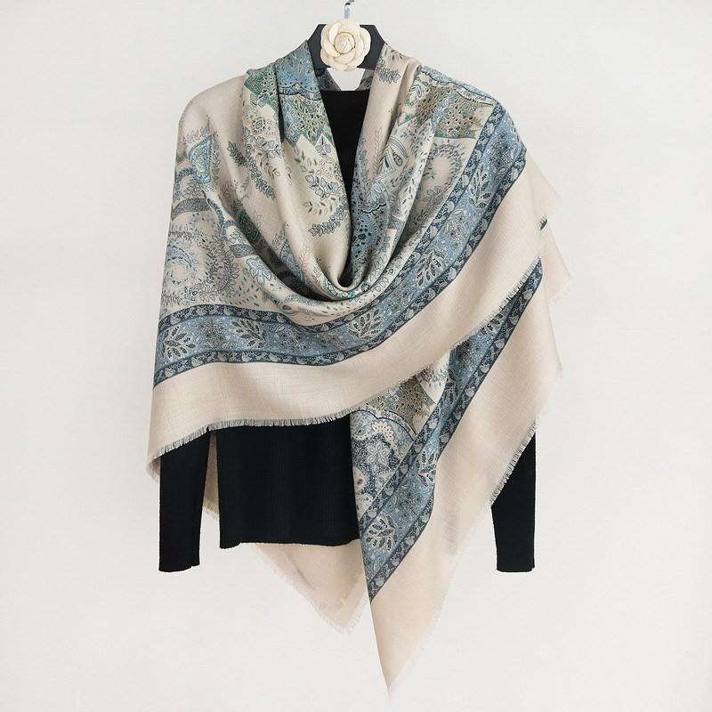 Unisex Silk Wool Square Scarf Double-sided Printed Winter Warm Shawl