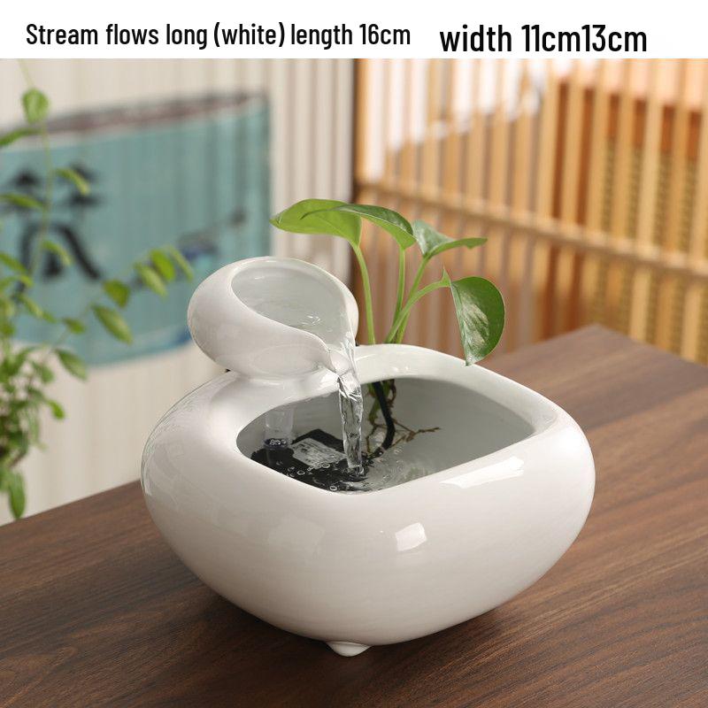 Ceramic Desktop Fish Tank with Automatic Water Circulator and Lucky Cat Ornament