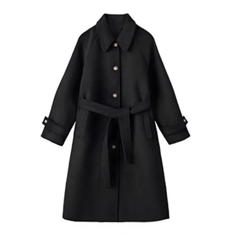 Korean Style Fall Winter Women Overcoat Mid Length Single Breasted Jacket with Belt Thick Loose Turn Down Collar OL Commuting Coat S чёрный