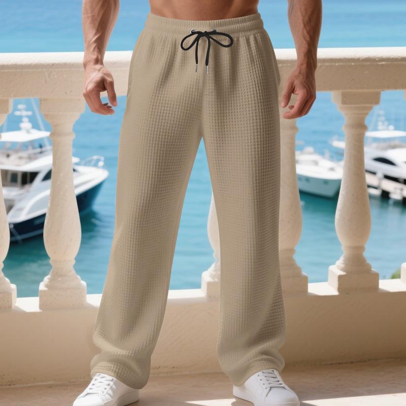 Mens Waffle Knit Straight Leg Drawstring Casual Pants
