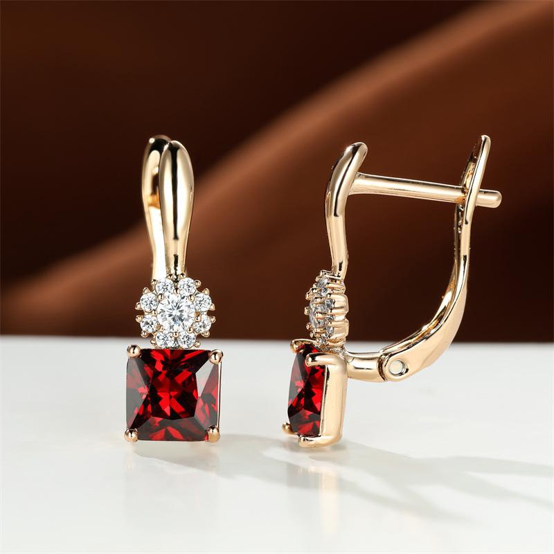 Wish Sunflower Square Diamond Royal Blue Crystal Zircon Plated Champagne Gold Ear Buckle Wedding Earrings Women красный