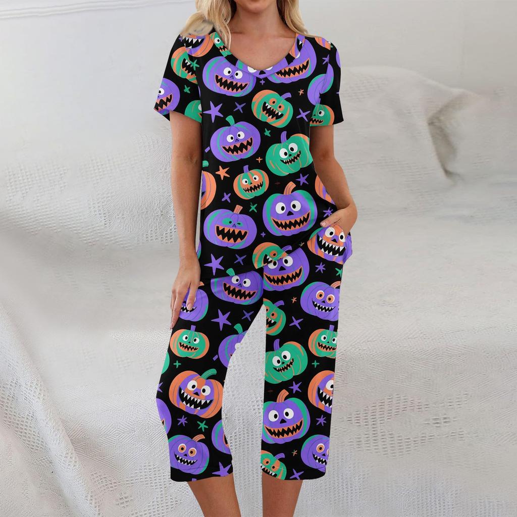2 Piece Sets For Women Short Sleeve Top And Pants With Pockets Workout Soft Halloween Print Sets