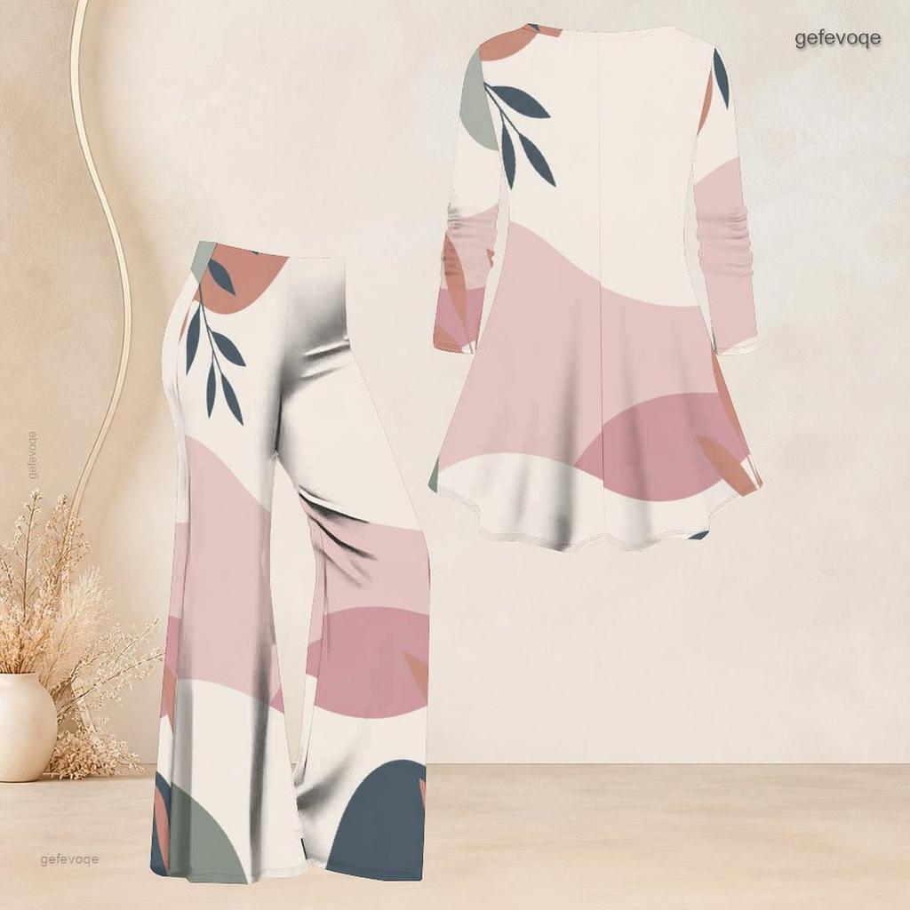 Women Plus Size V Neck Three Quarter Sleeve Printed Flared Top And Flared Pants Two Piece Set