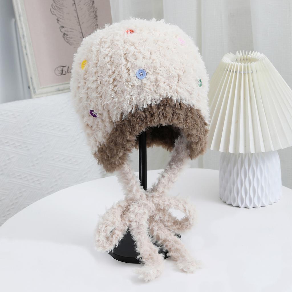 Neue mehrfarbige Knopf-Plüsch-Wollmütze, Ohrenschützend, Warm, Modisch und Vielseitig, Strickmütze, Niedliche und Gesichtsform-verbessernde kleine Schneemütze