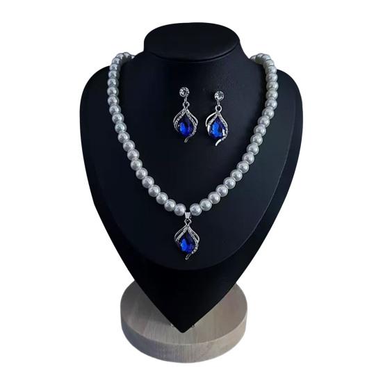 2Pcs/Set Imitation Pearl Jewelry Set Retro French Style Blue Waterdrop Faux Gem Charm Necklace Earrings Set