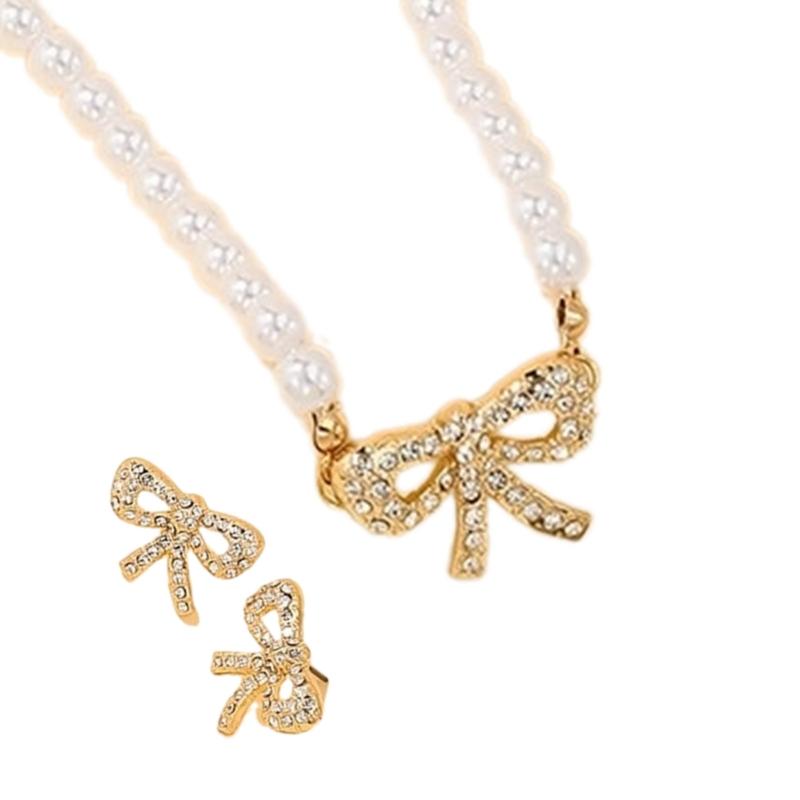Delicate Bowknot Pendant Necklace and Earrings Combo Graceful Women's Neckchain and Ear Studs Jewelry Set Collection