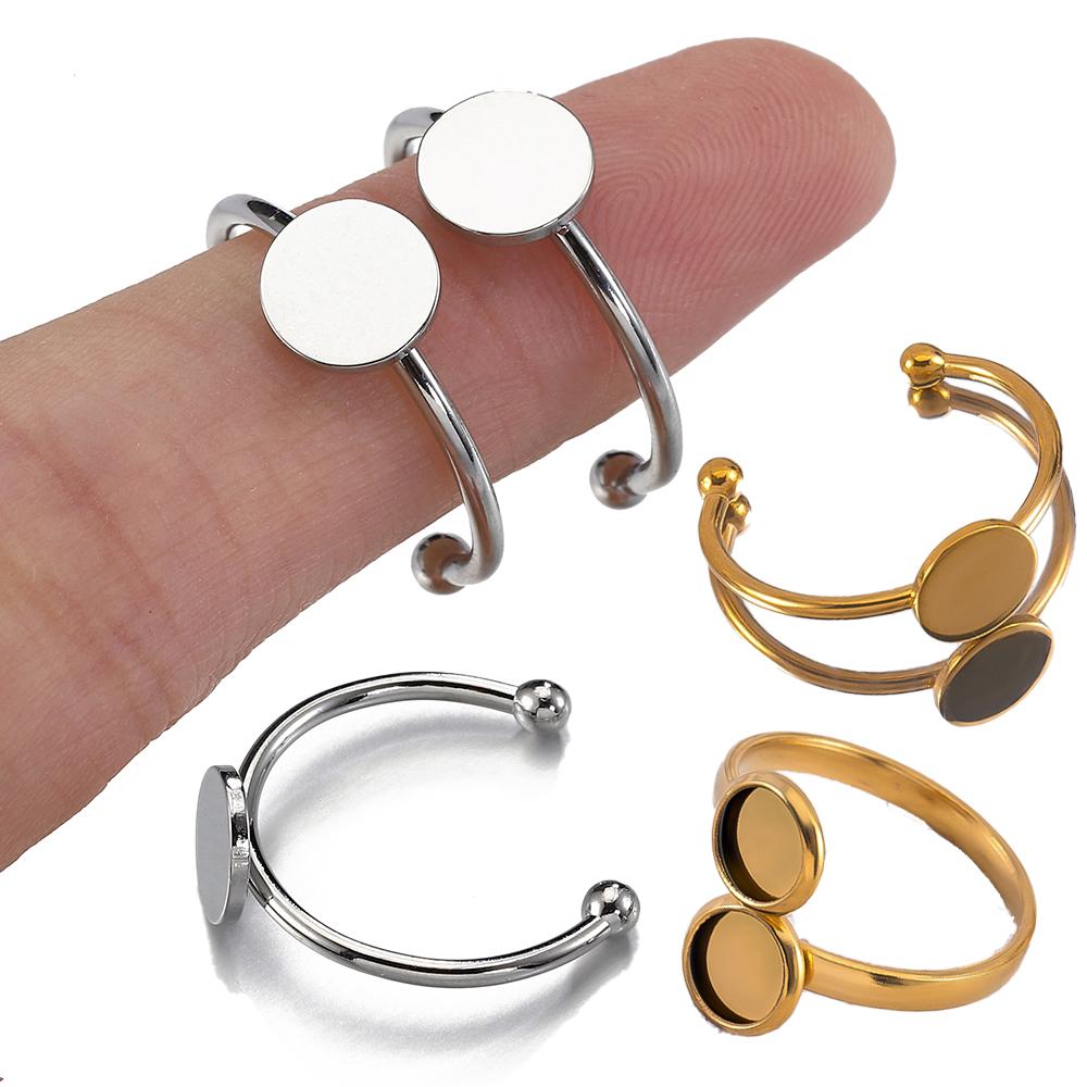 5 Stück Edelstahl-Rohlinge für offene Ringe in Goldfarbe mit Cabochon-Kamee-Fassungen in verschiedenen Größen für die Schmuckherstellung (DIY-Ringe)