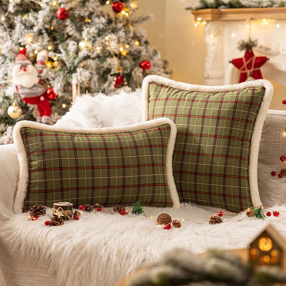 New Christmas Plaid Plush Edge Pillowcase, Winter Imitation Rabbit Fur Living Room Sofa Cushion New Christmas Party Decoration