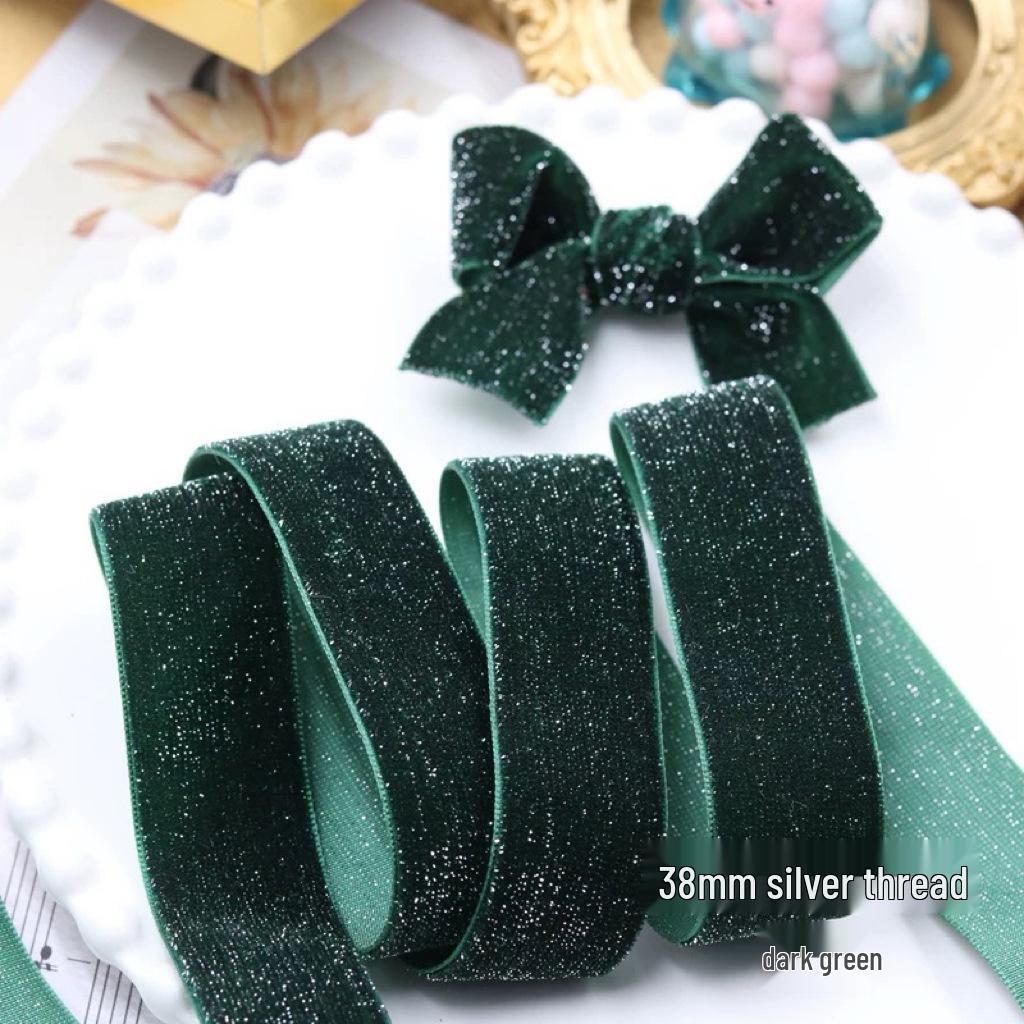 Green Velvet Ribbon with Gold & Silver Glitter Thread for DIY Hair Accessories
