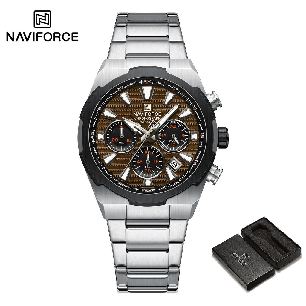 NAVFIROCE Original Men Quartz Watch Stainless Steel Strap Stopwatch Chronograph Date Waterproof Luminous Pointer Men Fashion Watch NF8081