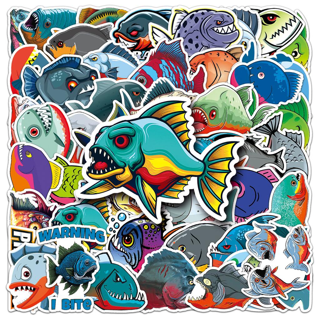 50 Piranha Personality Graffiti Ferocious Animal Decorative Water Cup Luggage Skateboard Guitar Stickers
