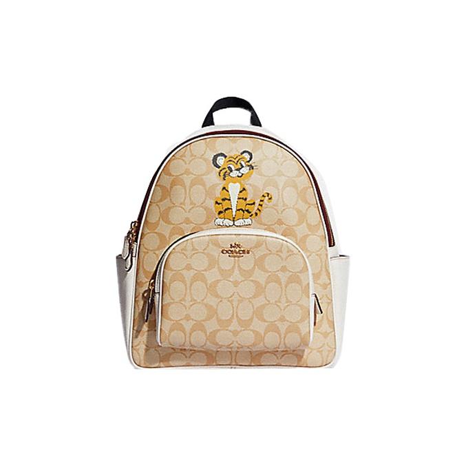 Coach Court 27 Classic Monogram Cartoon Tiger Print Leather Backpack Large Women backpack Khaki White C7317-IMDQC