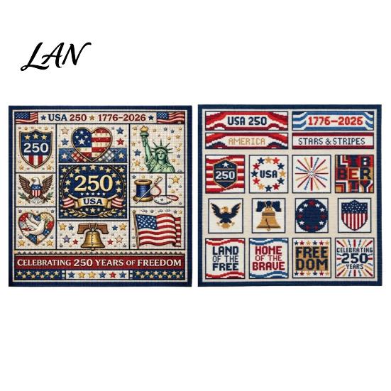Cotton Embroidery Cloth 250th Anniversary Cross Stitch Kit, Independence Day Theme, Red White Blue Threads American Flag Set, Patriotic USA