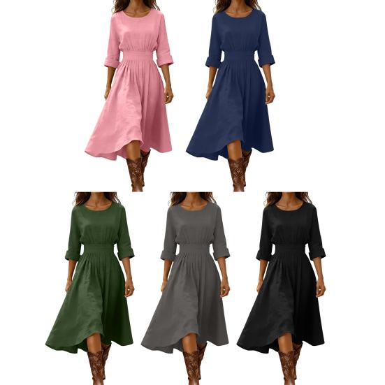 Damen Baumwoll-Leinen Midi Kleid Lässig Rundhalsausschnitt Langarm Schwingkleid Sommer Falten A-Linie Fließendes Kleid