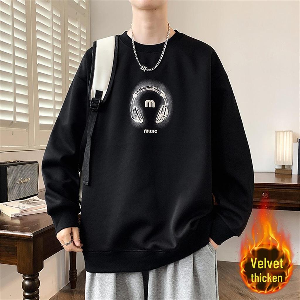 Men's Round Neck Hoodie, New Style: Spring, Autumn & Winter, Plus Velvet, Long Sleeve, Youth & Big Kids Trendy T-shirt