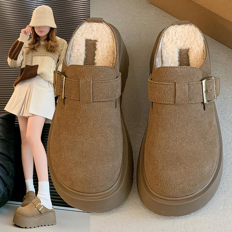 

Thick-bottomed women wear new autumn and winter plush cotton slippers with half a tow of Boken bag head 40 хаки