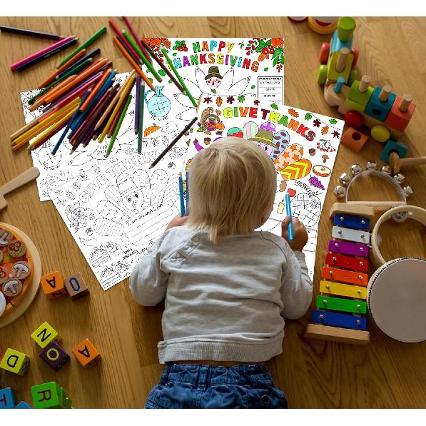 Thanksgiving Coloring Placemats for Kids 16PCS Fall Paper Placemats for Kids to Color Thanksgiving Paper Table Mats for Thankful Craft Activity