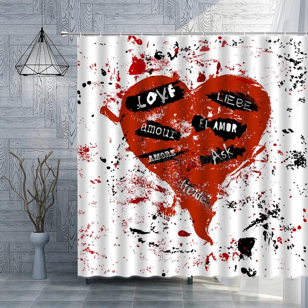 Love and Hearts Design Shower Curtain Set Retro Off-white Home Decor Bath Curtain Abstract Colorful Pattern Polyester with Hooks