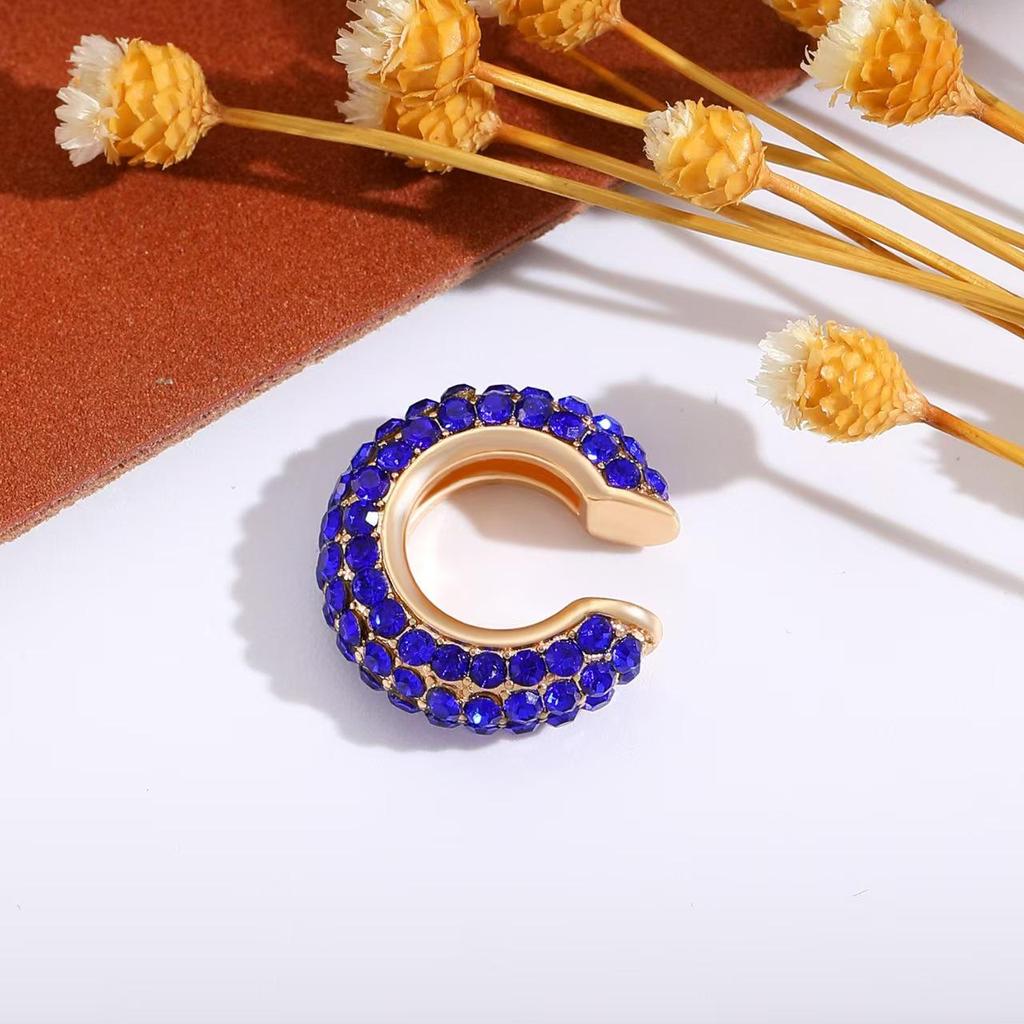 Retro Fashion C-Shaped Bling Ear Clips with Colored Diamonds - Trendy No-Pierce Earrings