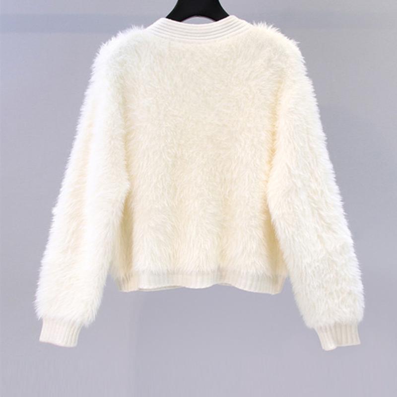 Small Perfume Style Beading Imitation Mink Velvet Sweater Jacket Women Loose Short V-neck Knitted Cardigan Comfortable Versatile and Fashionable