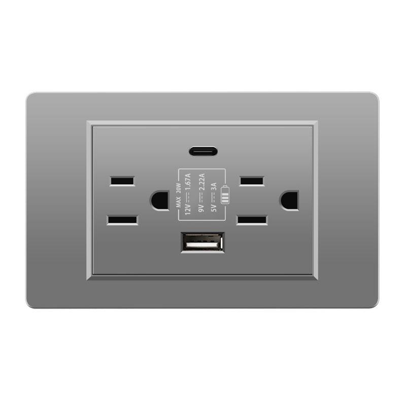 118 Type Switch Six-Hole Gray Wall Socket with Type-C 20W, Thai Style & PC Panel, Taiwan Socket