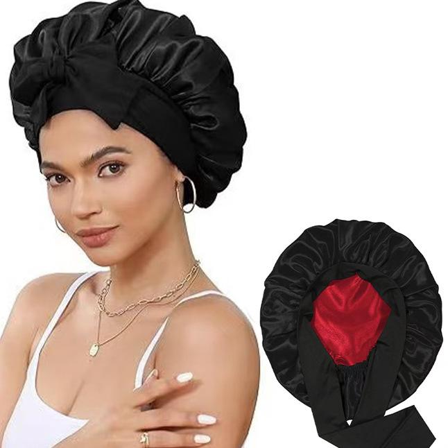 Doppellagige Satin-Schlafmütze mit Schleife, Hochelastischer breiter Rand, Damen Haar-Schal-Mütze