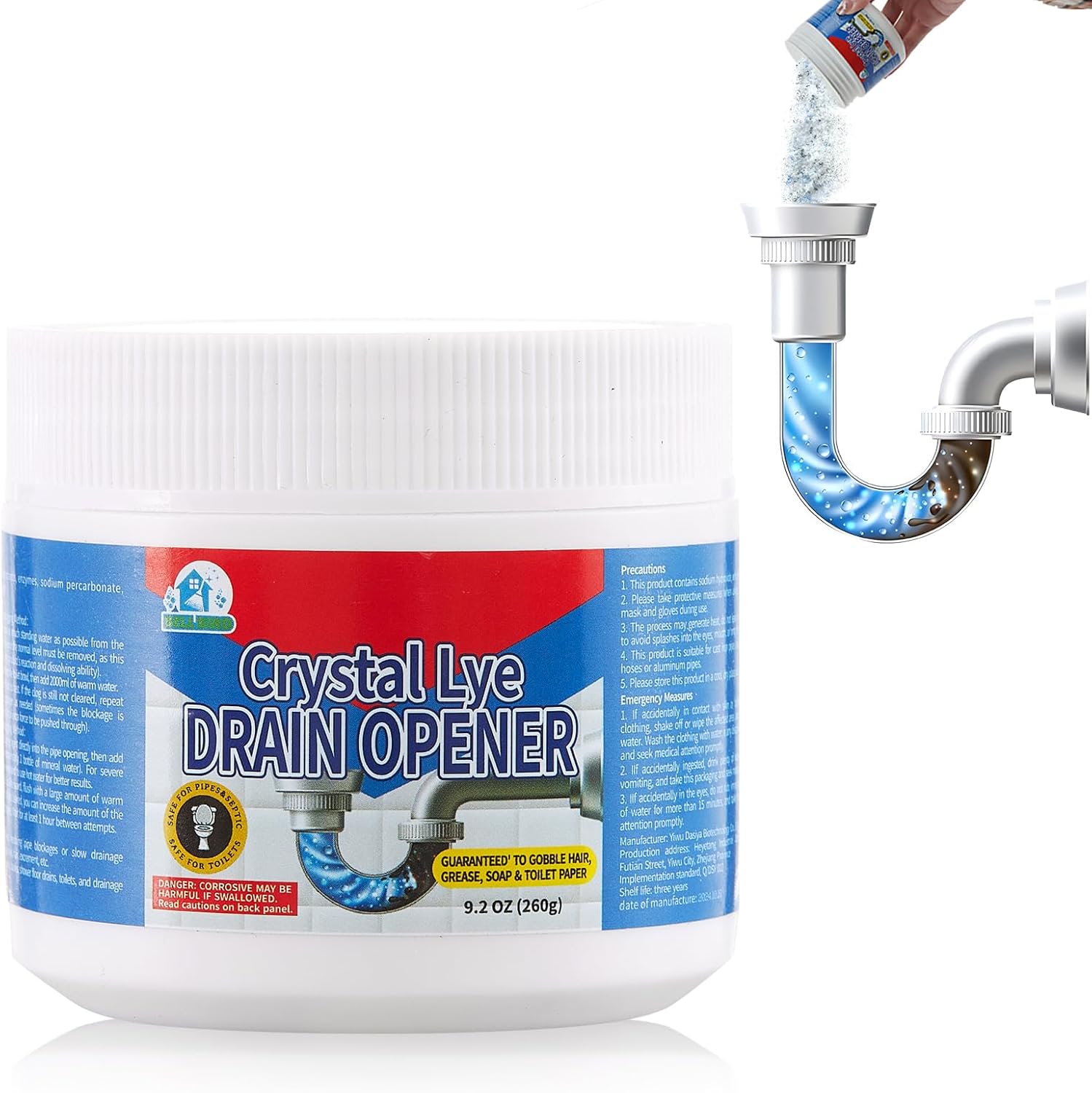 

260g Crystal Lye Drain Opener Lye Sodium Hydroxide Powder Cleaner Drain Clog Remover for Bathroom Kitchen Sinks Shower Pipes 1 Bottle