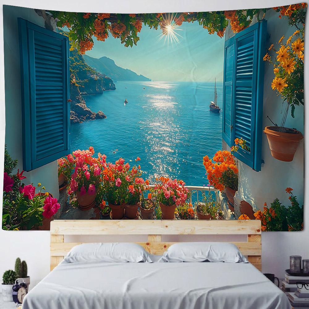 3D Landscape Tapestry, European Balcony, Aesthetic Home Art Decoration, Wall Hanging, Bedroom Living Room Background Poster