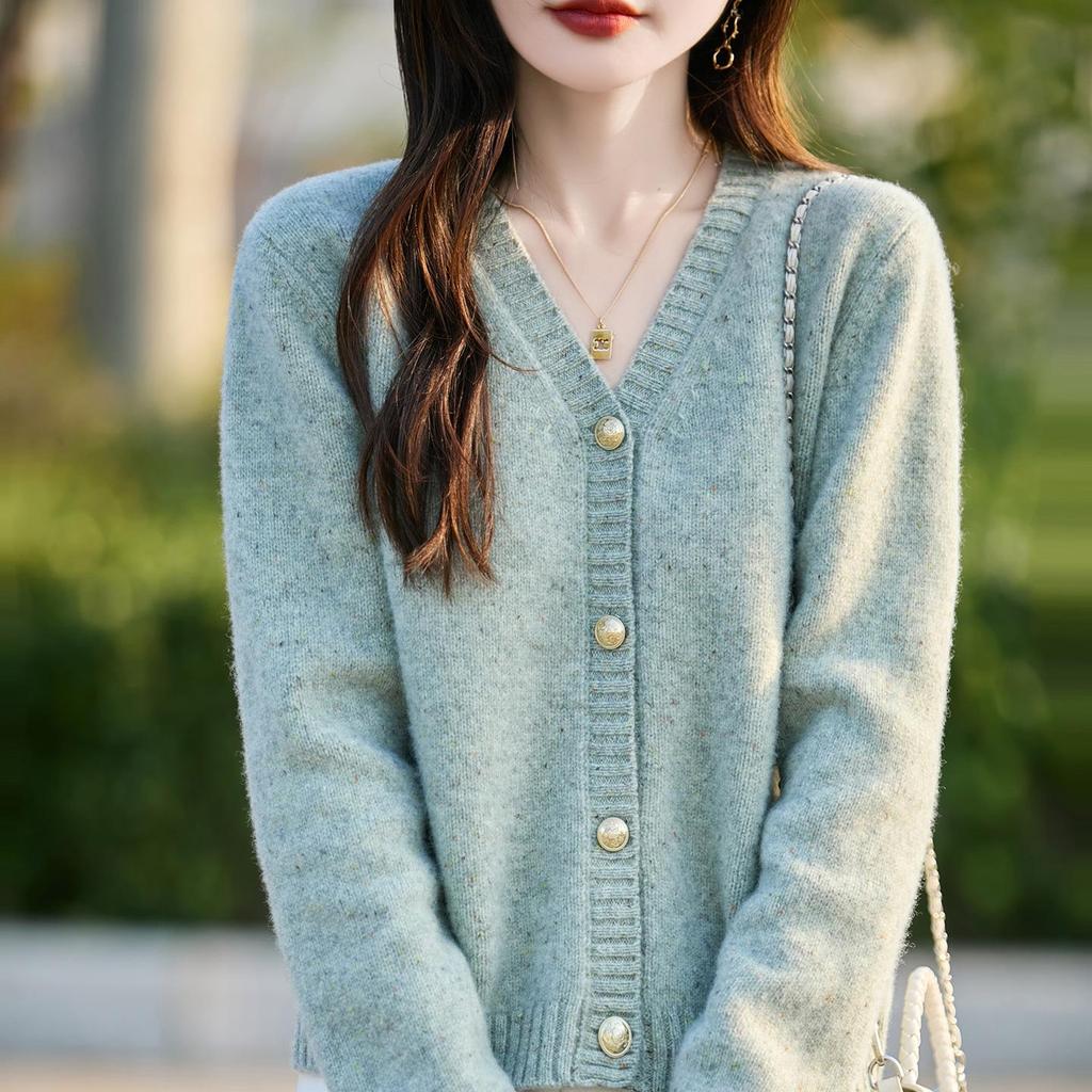 Women's Slim-Fit Wool V-Neck Knit Cardigan Sweater with Long Sleeves - Autumn/Winter Style