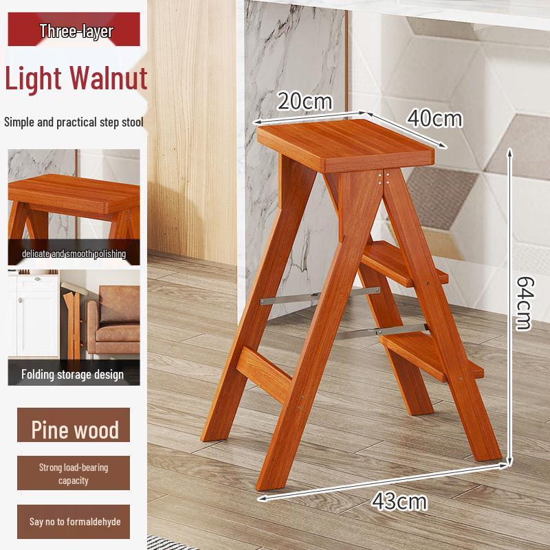 Three-Step Solid Wood Folding Ladder Stool: Multifunctional for Kitchen and Bar Use