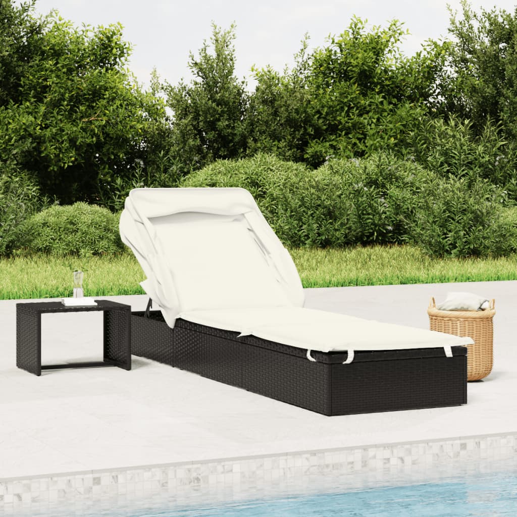 Sun Lounger with Foldable Canopy Black 213 x 63 x 97 cm Poly Rattan