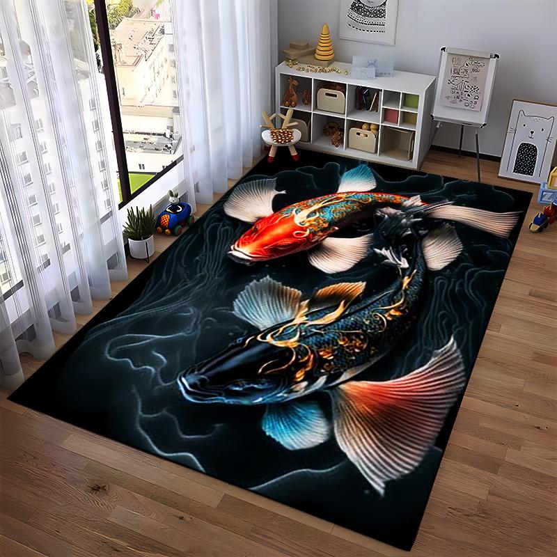 Colorful Koi Fish Design Carpet with Artistic Fluid Patterns Black Suitable for use as an anti-slip for living room bedroom sofas